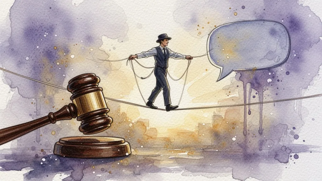 Watercolor tightrope walker balancing between law and free speech