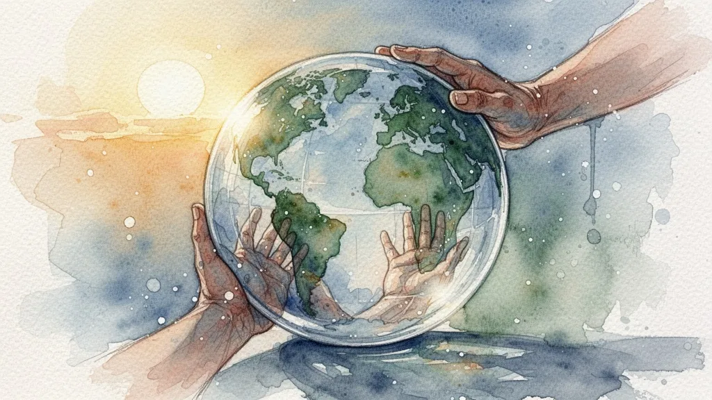 Watercolor transparent globe with hands symbolizing transparent algorithmic governance