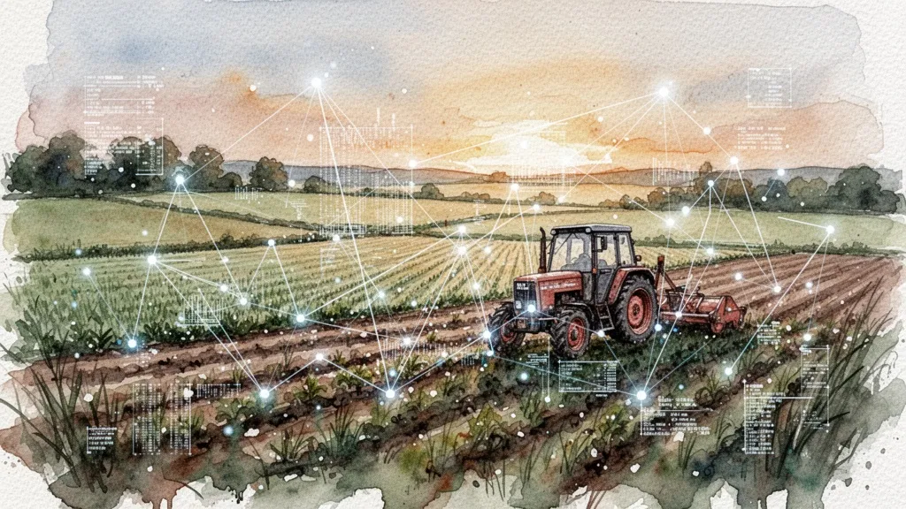 Campo agrícola tradicional fusionado con elementos digitales de datos