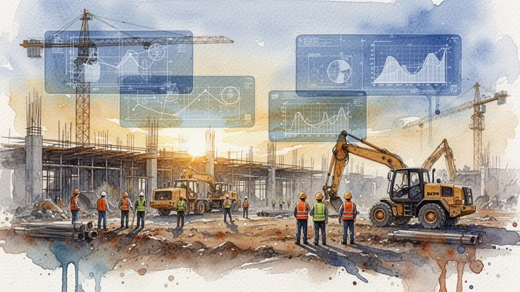 Obra de construcción con planos digitales superpuestos indicando cultura digital