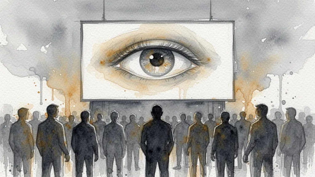 Acuarela de una multitud frente a una pantalla gigante con un ojo, simbolizando la vigilancia y el control de las plataformas.