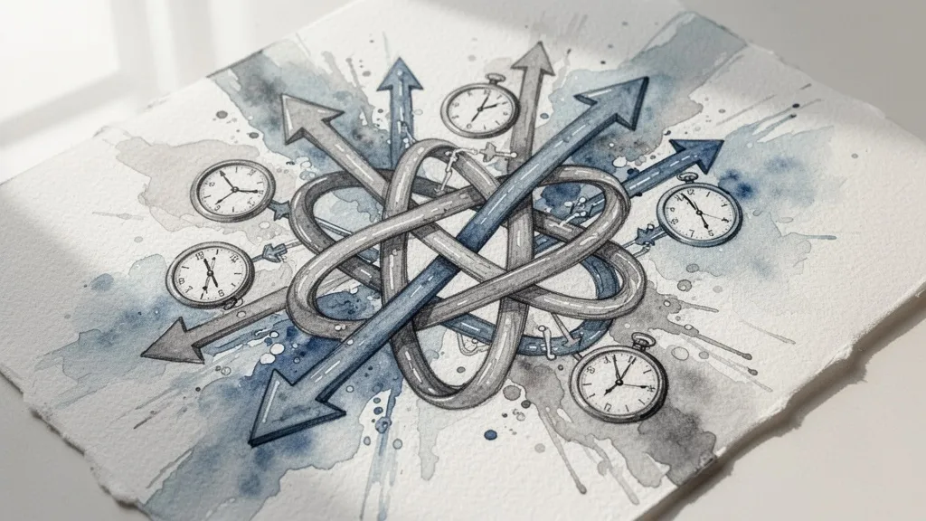 Watercolor illustration of tangled arrows and clocks representing manual process bottlenecks