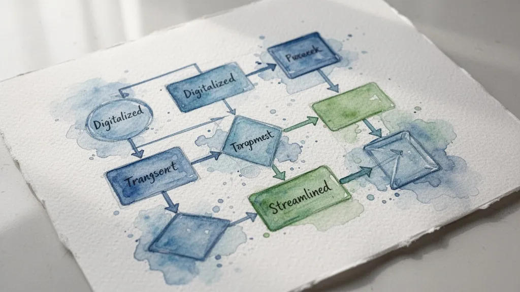 Watercolor flowchart of simplified business processes with arrows and shapes