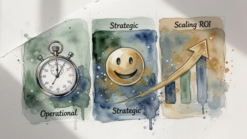 Watercolor triptych of a stopwatch, smiley face, and upward arrow symbolizing ROI dimensions