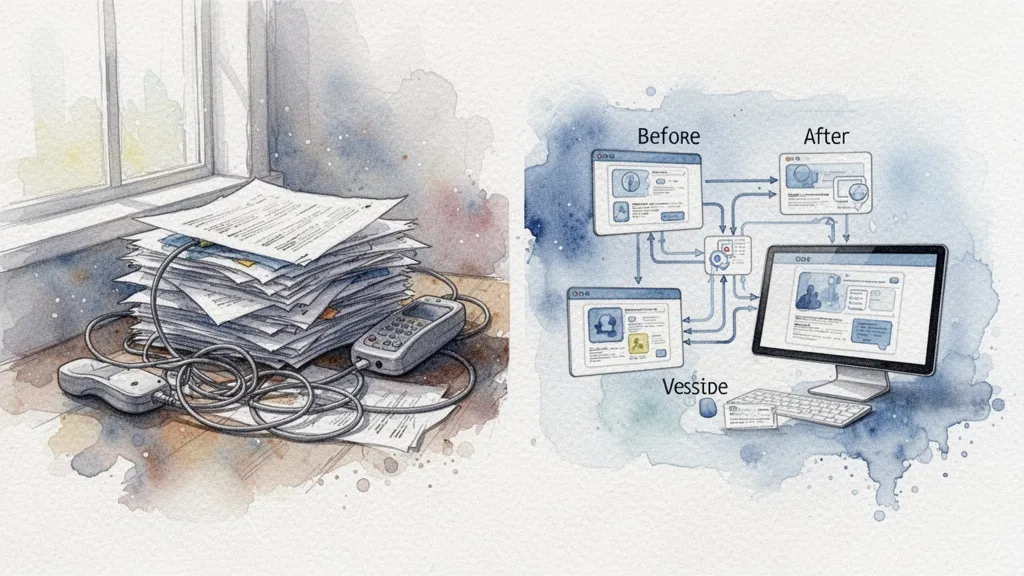 Watercolor before-and-after illustration of messy manual processes versus clean digital workflow