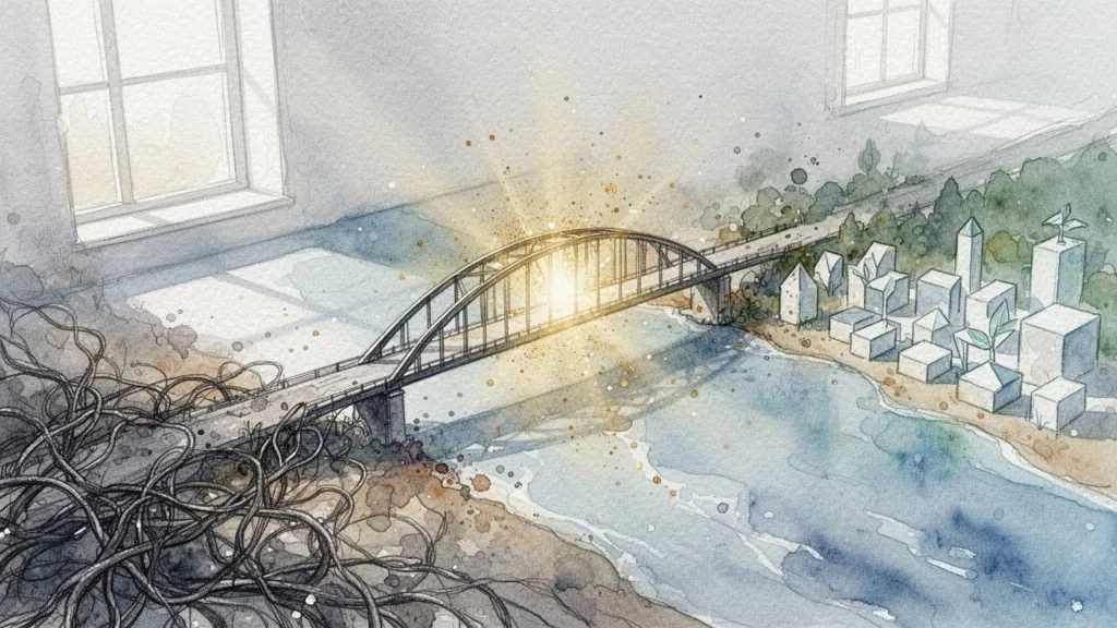 Watercolor bridge from chaotic to orderly processes symbolizing sustainable scaling