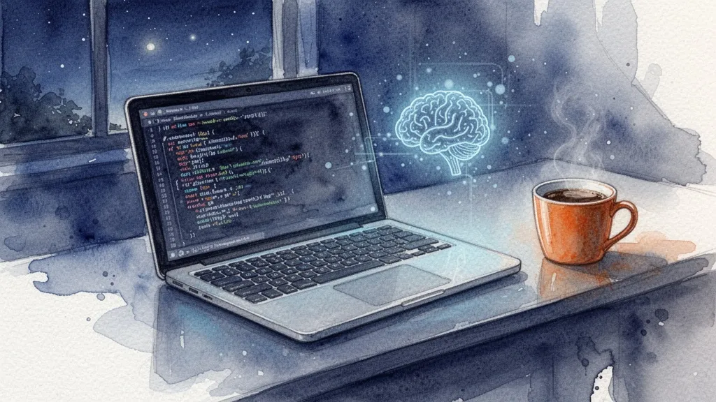 Watercolor of a developer workspace with AI glowing on screen