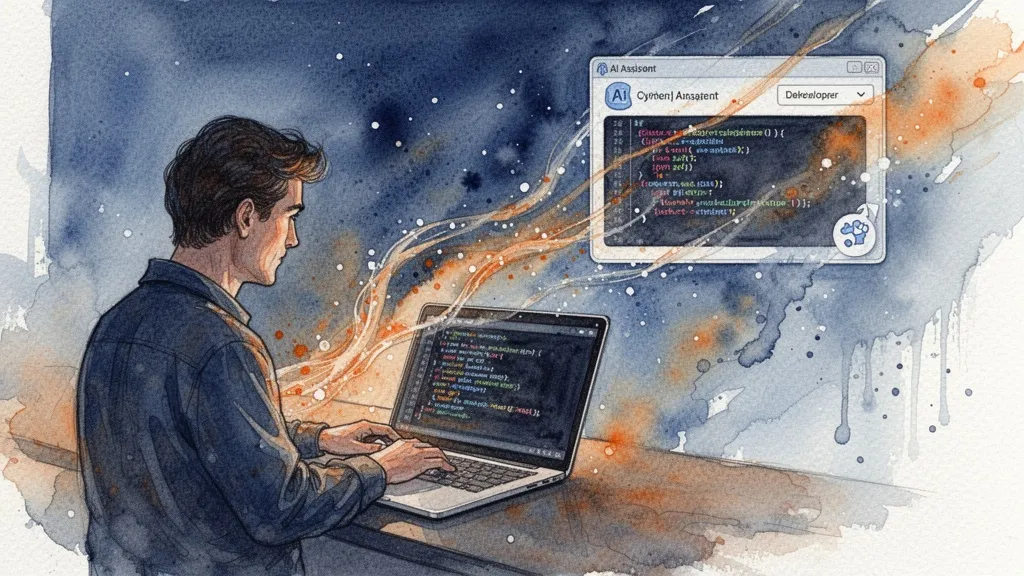Watercolor of a programmer assisted by AI code suggestions