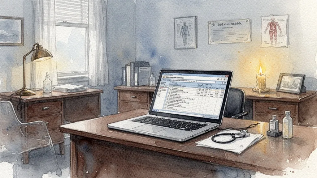 Watercolor doctor's office with laptop displaying digital health record