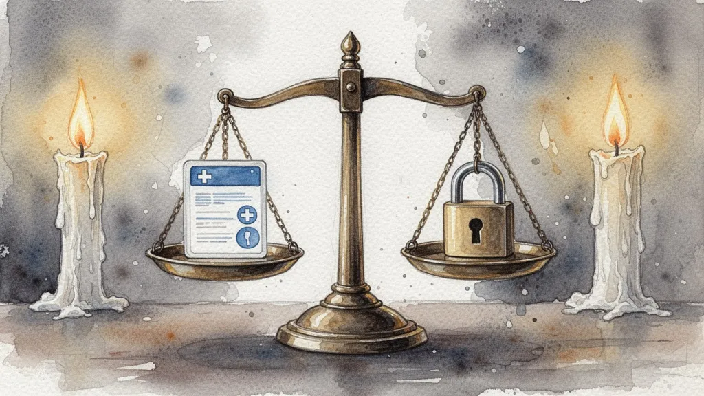 Watercolor balance scale between medical data and privacy lock