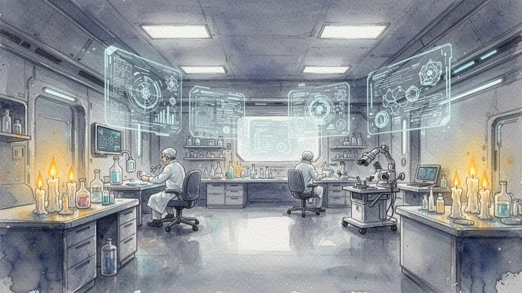 Watercolor futuristic research center with holographic medical data