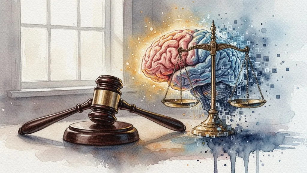 Acuarela de un martillo judicial junto a un cerebro digital con balanzas pixeladas