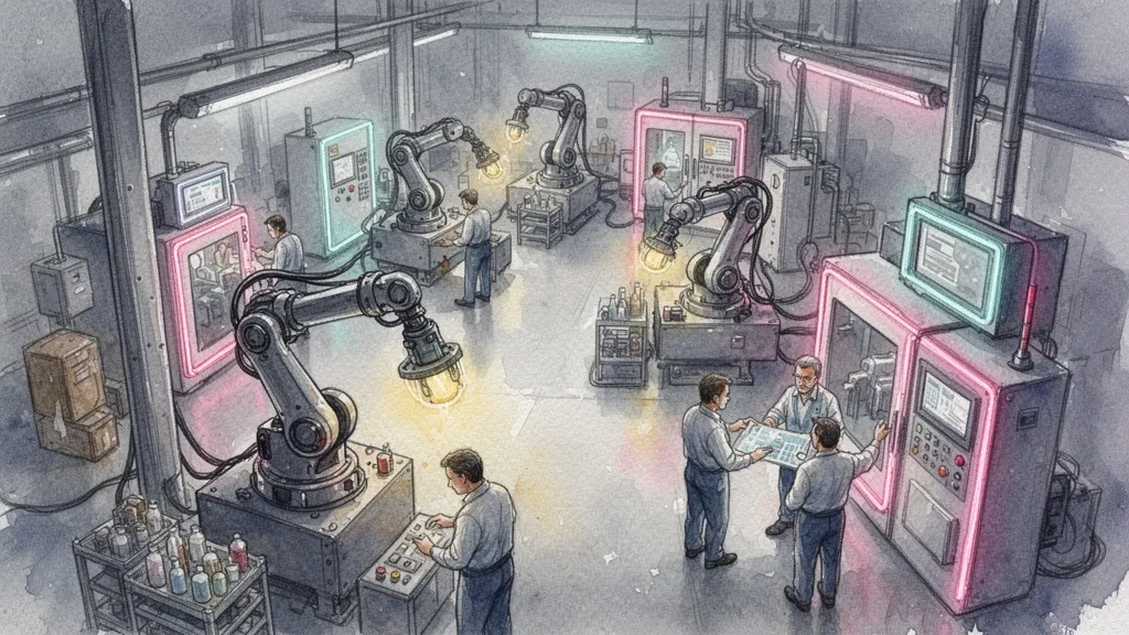 Acuarela de automatización industrial con humanos y robots