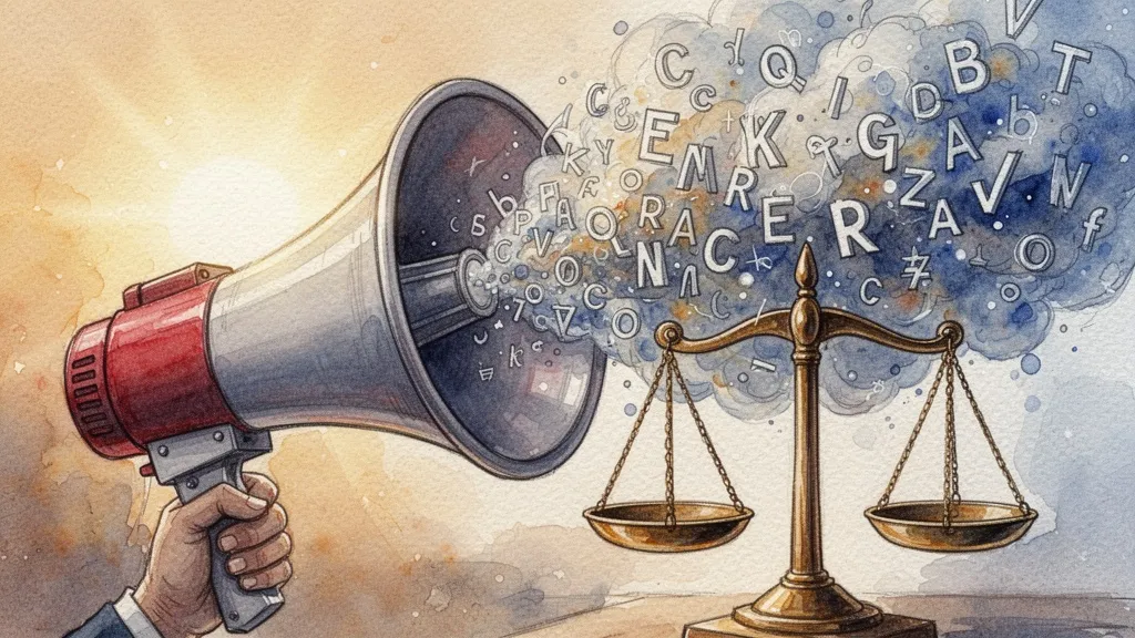 Acuarela de un megáfono emitiendo símbolos distorsionados sobre una balanza de la justicia