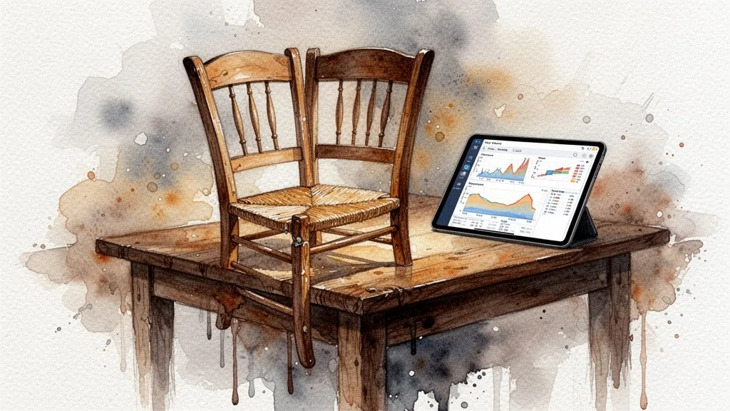 Mesa de taller de muebles junto a tablet con datos de inventario