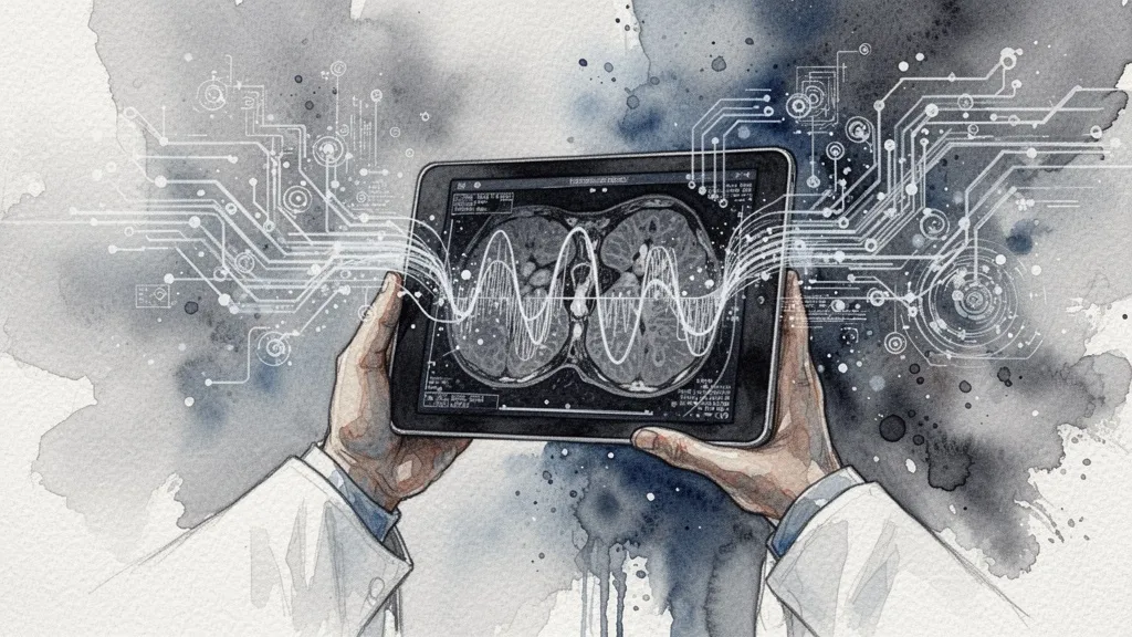 Acuarela de un médico consultando una tableta con datos de IA, rodeado de patrones algorítmicos difusos.