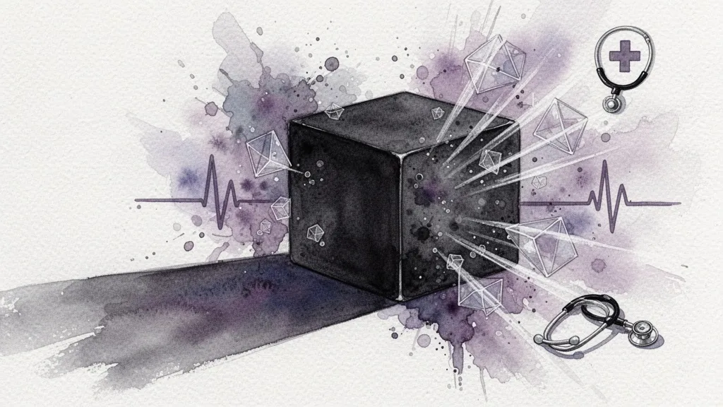 Acuarela de un cubo negro del que emanan formas geométricas, simbolizando la opacidad de los modelos de IA.