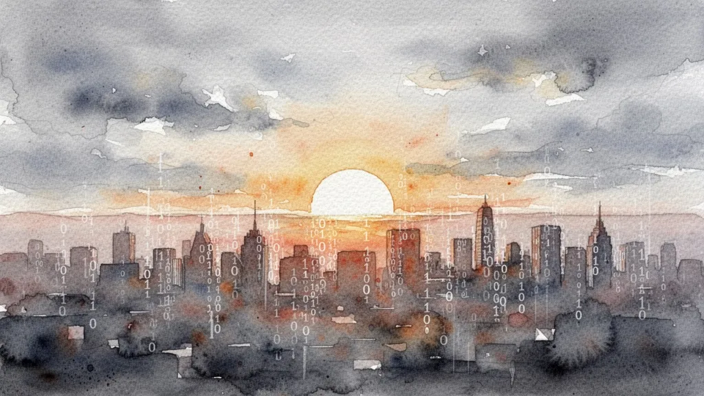 Acuarela de un amanecer sobre una ciudad de código binario, simbolizando futuro y esperanza