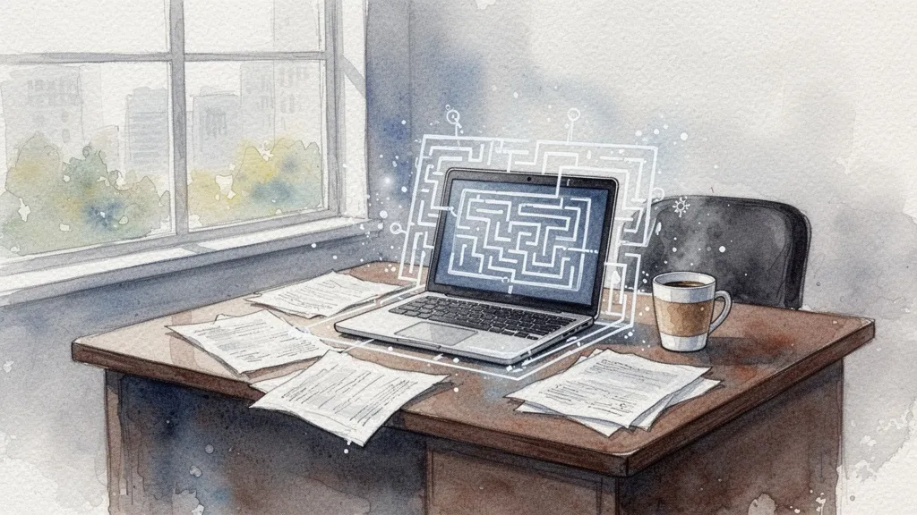 Office desk with laptop among papers and maze, illustrating the challenge of technology adoption
