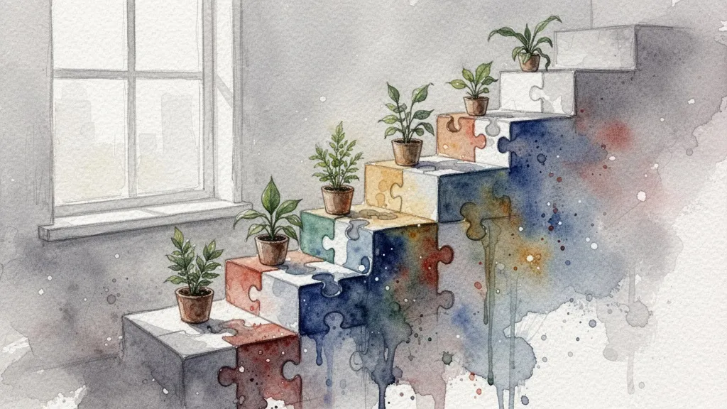 Puzzle piece staircase with plants, symbolizing gradual technology adoption