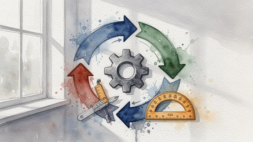 Watercolor circular diagram with gear and measuring tools, symbolizing continuous learning and adaptation