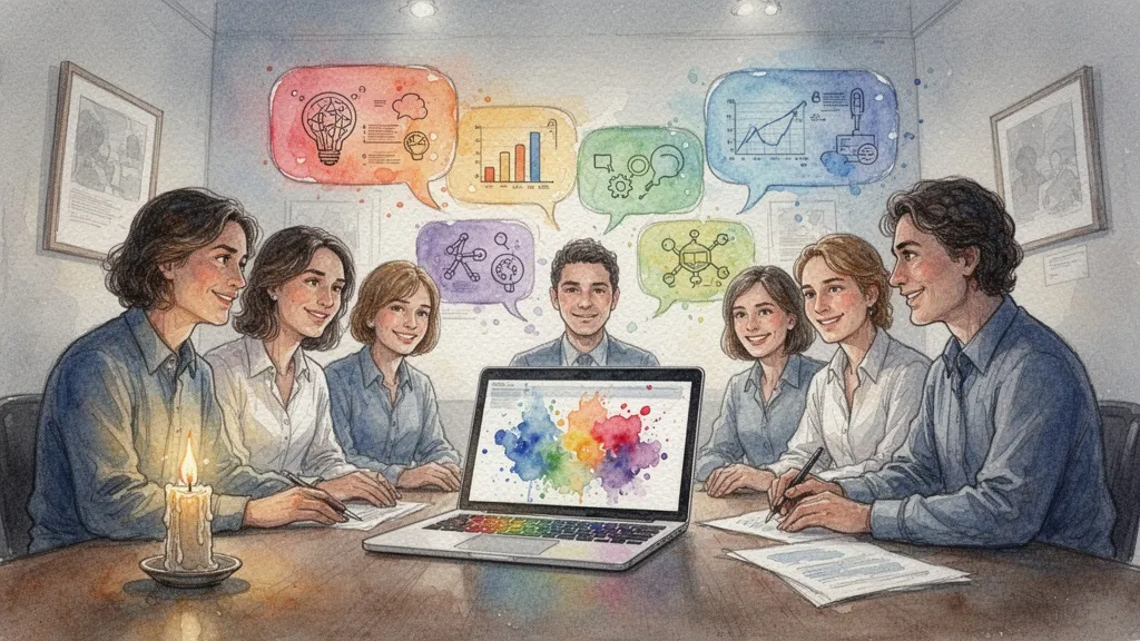 Profesores alrededor de un laptop con burbujas de datos, capacitación docente en integración de modelos de IA