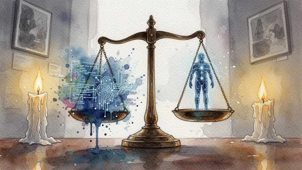 Balanza con corrientes de datos y figura humana, ética y privacidad en modelos de IA educativos