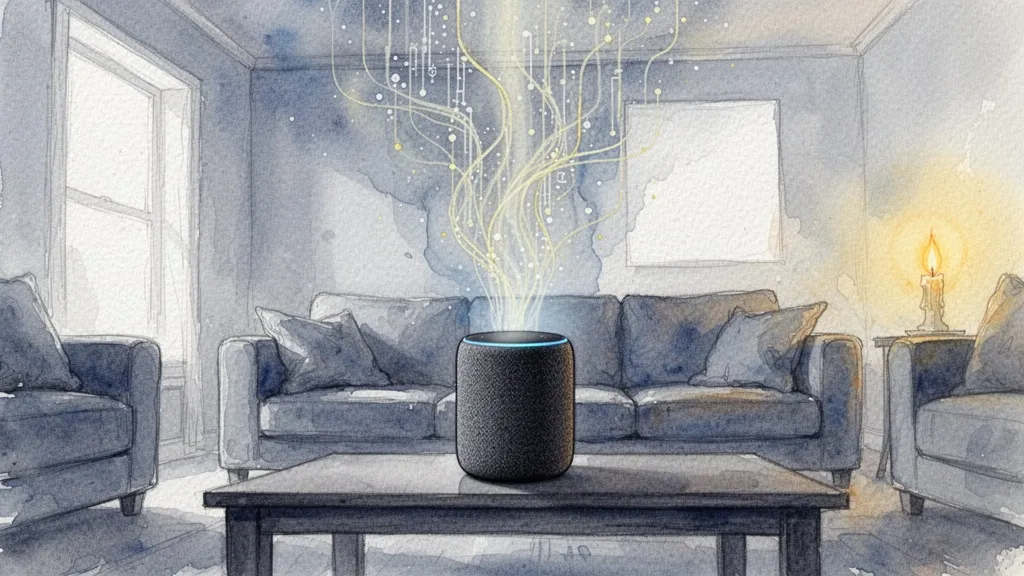 Acuarela de altavoz inteligente emitiendo datos silenciosos en un salón