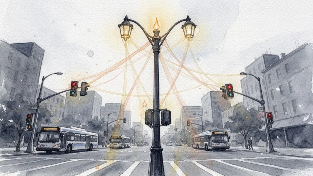 Acuarela de intersección urbana con flujos de datos de sensores
