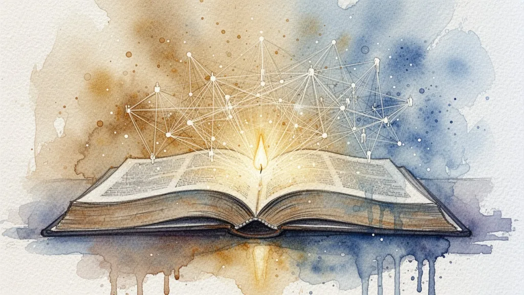 Acuarela de libro abierto con luz iluminando redes de datos