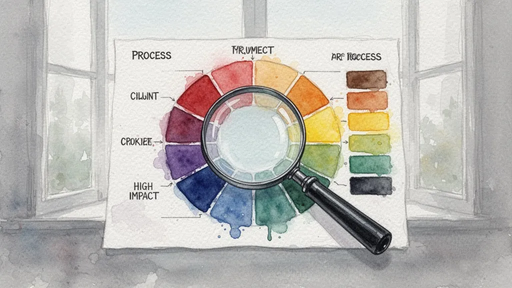 Watercolor magnifying glass over a segmented chart highlighting high-impact processes