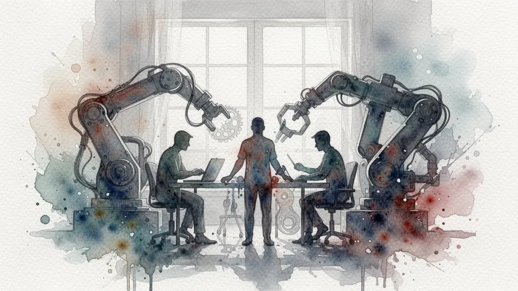 Watercolor silhouettes of humans and machines collaborating