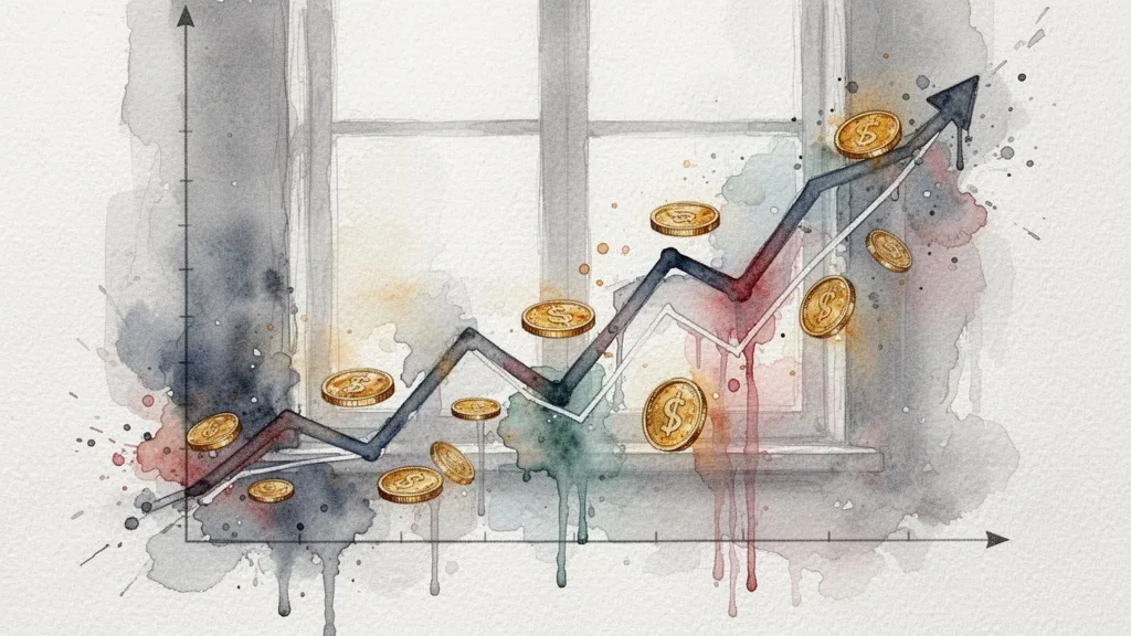 Watercolor graph with upward trend and coins representing ROI