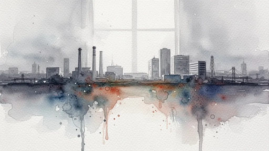 Watercolor abstract landscape of a future automated industrial ecosystem