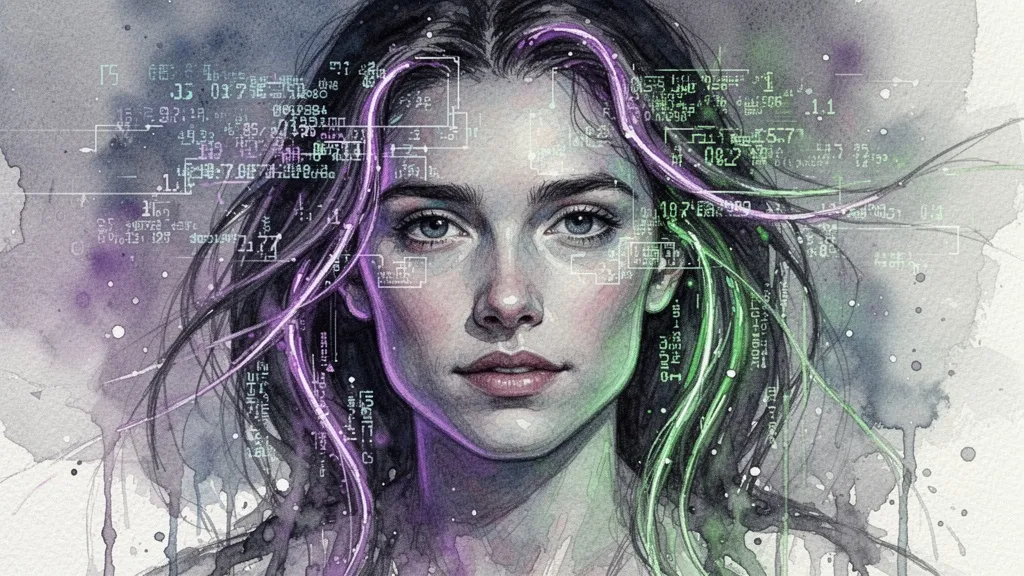 Retrato en acuarela de una persona con corrientes de datos fluyendo a su alrededor