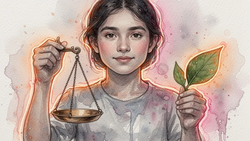 Retrato en acuarela de una persona con una balanza y una hoja, equilibrio y esperanza