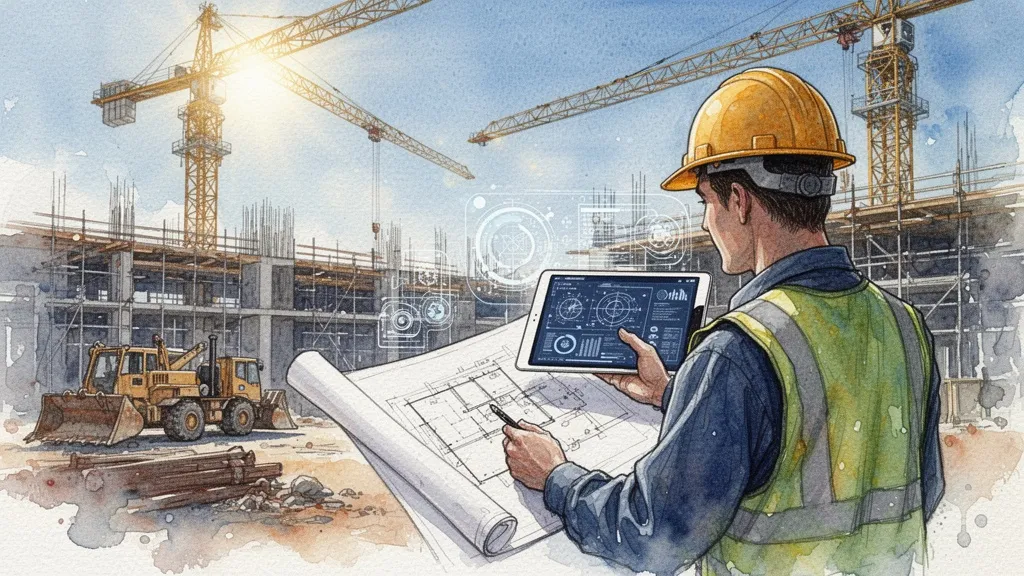 Acuarela de obra de construcción con trabajador usando tableta, productividad digital en sectores tradicionales