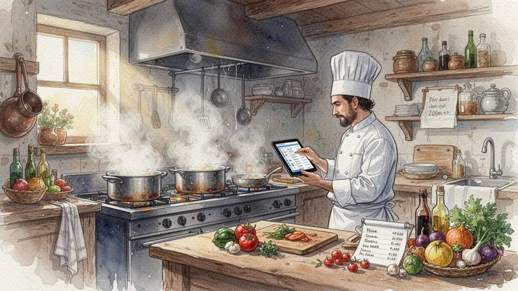 Acuarela de cocina de restaurante con chef usando tableta, cultura digital nacida de la necesidad de productividad