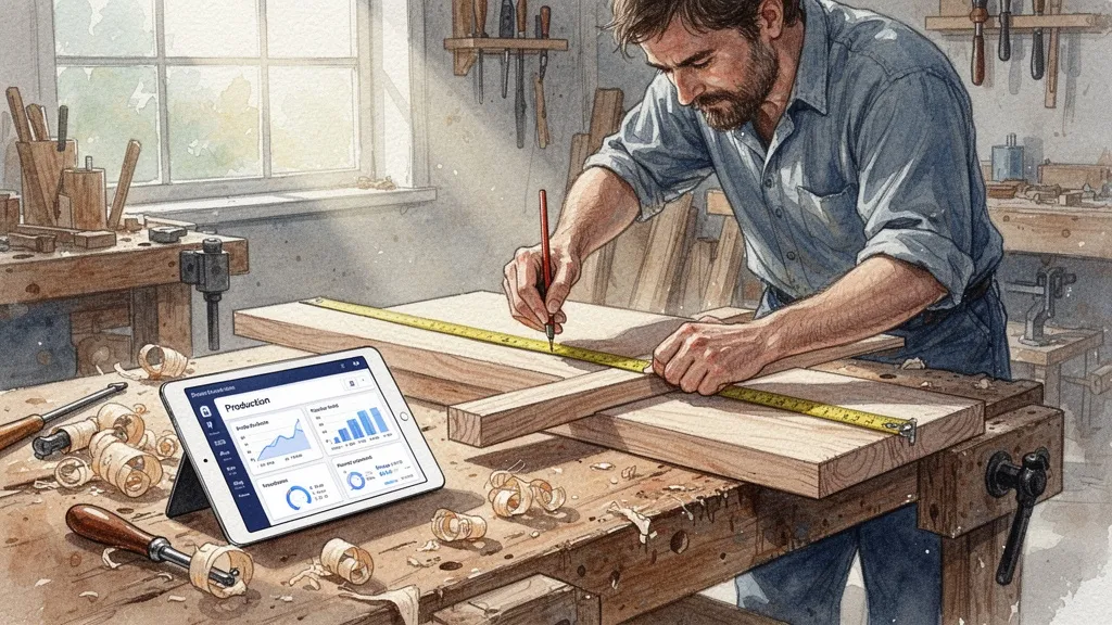 Acuarela de taller de muebles con artesano midiendo madera y tableta con datos, revelando oportunidades de digitalización