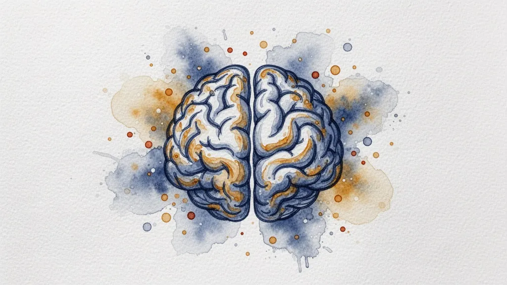 Watercolor brain with flowing lines and data dots symbolizing AI analysis
