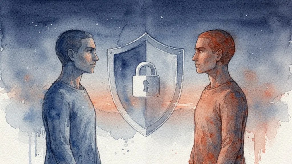 Watercolor two figures with translucent shield lock symbolizing data privacy in health