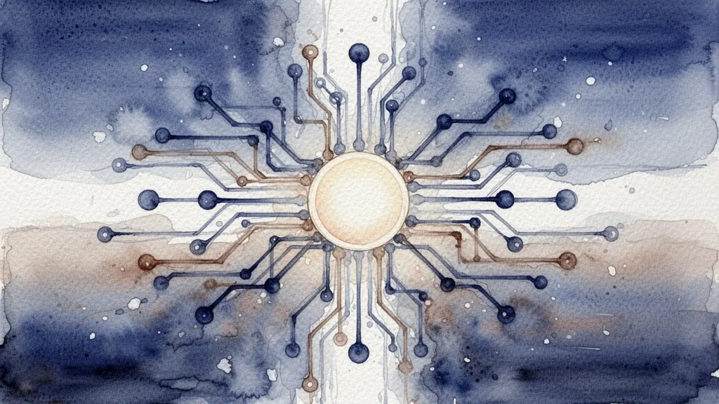 Watercolor network nodes and lines forming circuit pattern symbolizing health data integration