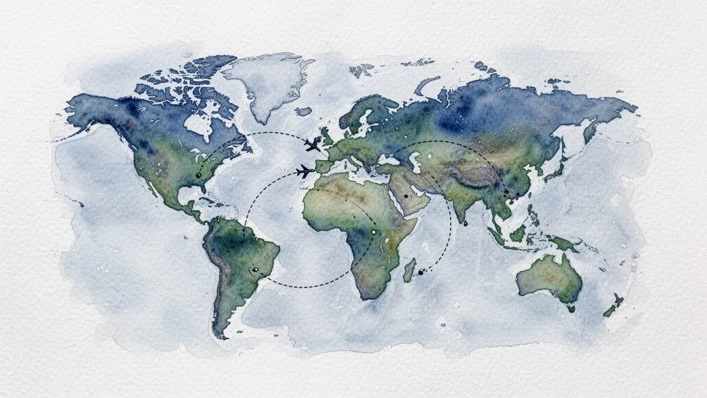 Watercolor world map with dotted lines connecting continents symbolizing global health surveillance