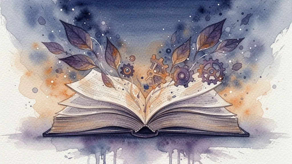 Watercolor open book with emerging abstract shapes symbolizing knowledge and future health