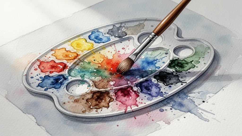 Acuarela de una paleta de pintor donde solo se usan colores centrales, simbolizando sesgo en los datos de entrenamiento.