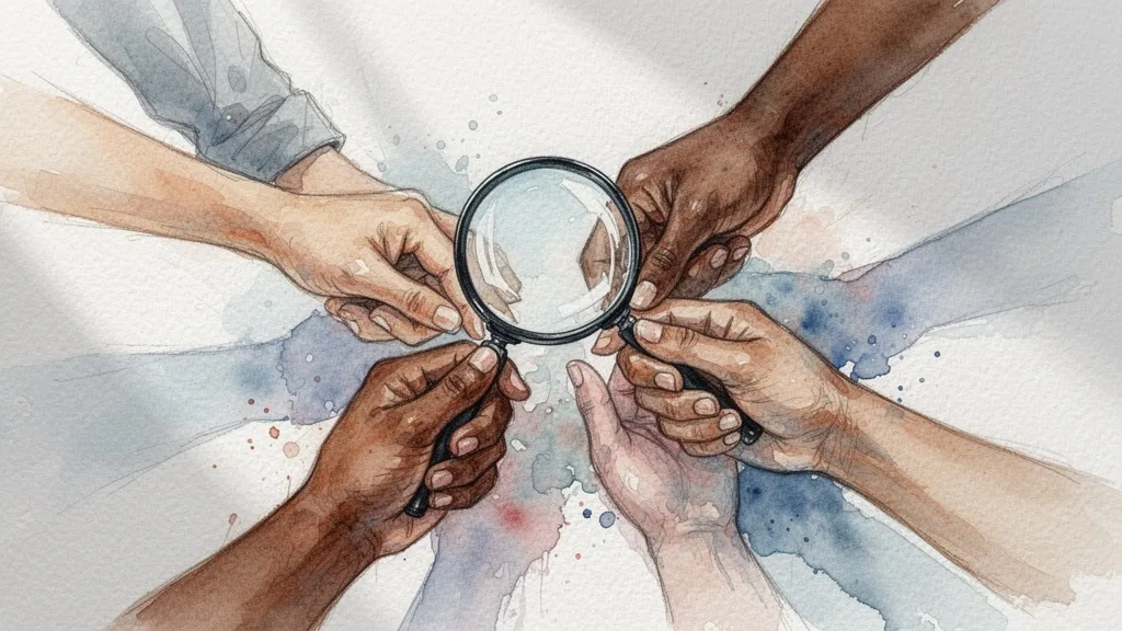 Acuarela de manos diversas sosteniendo una lupa juntas simbolizando la auditoría participativa e inclusiva.