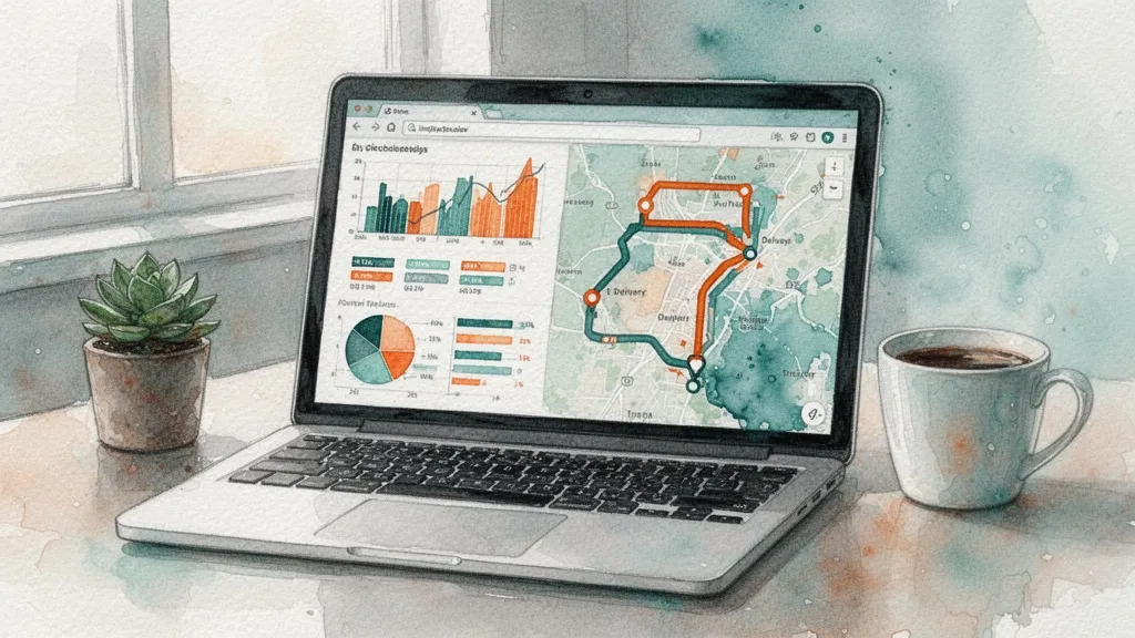 Laptop con gráficos de datos y ruta de reparto en acuarela