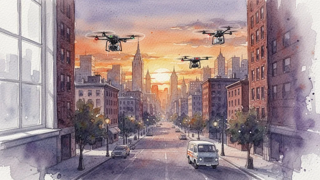 Vista panorámica de ciudad al atardecer con drones de reparto