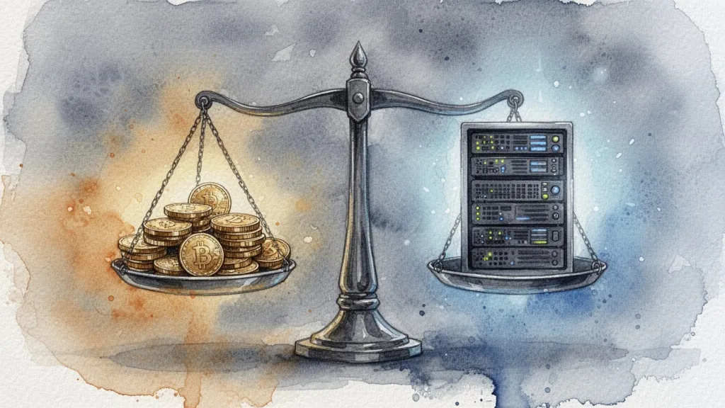 Balanza acuarela entre monedas y servidor de datos