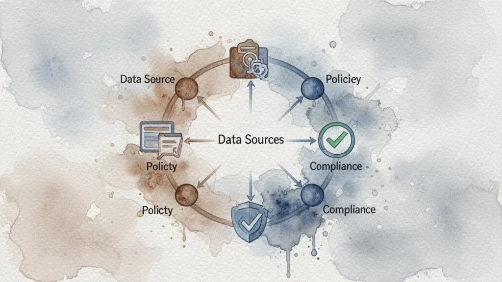 Diagrama acuarela de gobernanza de datos con nodos y enlaces